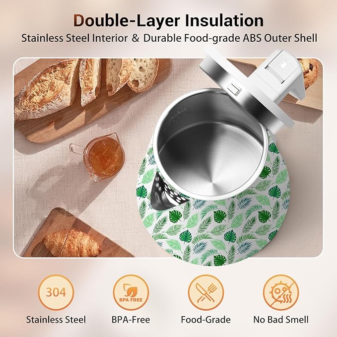 1.2L Double Wall Stainless Steel Interior Water Boiler, Cordless, 1000W Fast Boil with LED Light Coffee Pot & Tea Electric Kettle, Auto Shut-Off and Boil-Dry Protection (Green Leaf)