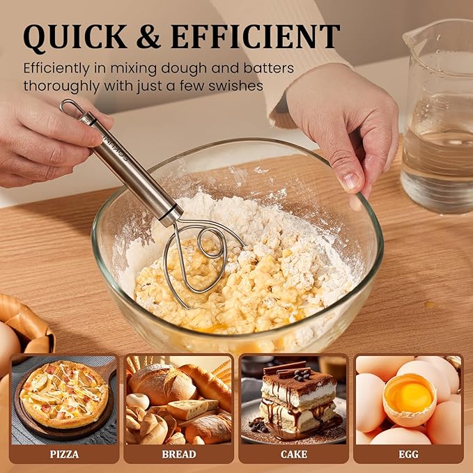 Danish Dough Whisk, Flavor Bread Hand Blender, Food Grade Stainless Steel Coil Whisk, Bread Maker Tools for Kitchen Baking and Cooking
