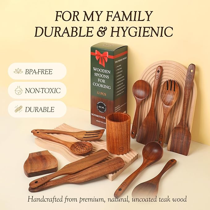Wooden Spoons for Cooking – 12-Piece Teak Wood Utensil Set with Large Spoon Holder, Spoon Rest & 2 Spurtles – Non-Stick, Heat Resistant, Comfortable Grip Kitchen Tools