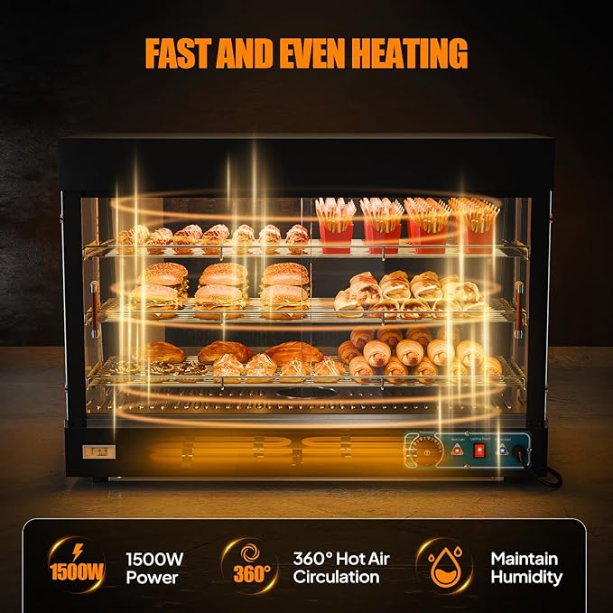 ROVSUN 35" Pizza Warmer Food Warmer Display, 3-Tier Electric Food Warmer Commercial Countertop w/LED Lighting Adjustable Removable Shelves Glass Door, Pretzel Warmer for Buffet Restaurant 1500W