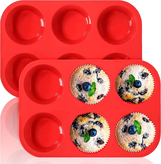 Anaeat Silicone Muffin Pan - 6 Cups Non-Stick Cupcake Molds, Food Grade Silicone Baking Tray for Making Egg Muffin, Cupcake, Quiches, Tart and Desserts, Reusable Muffin Tin Just Pop Out (2 Pack)