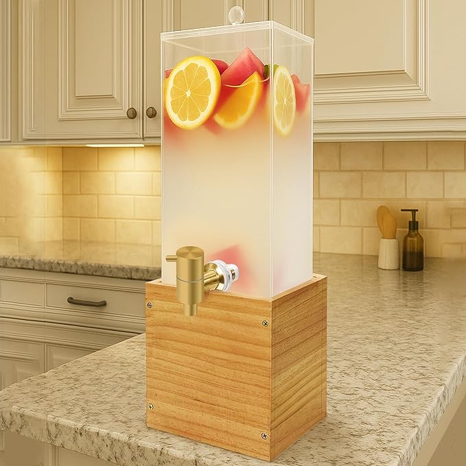 Beverage Dispenser with Stand, 2 Gallon Drink Dispenser, Drink Dispensers for Parties, Individual Ice Container (Wood)
