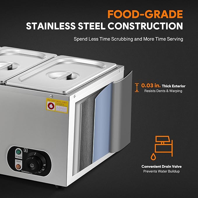 WILPREP Commercial Food Warmer with Three 1/3 Pans, 1500W Countertop Electric Warmer, 86-185°F Adjustable Temp Control & Over-Temp Protection, Stainless Steel Buffet Bain Marie