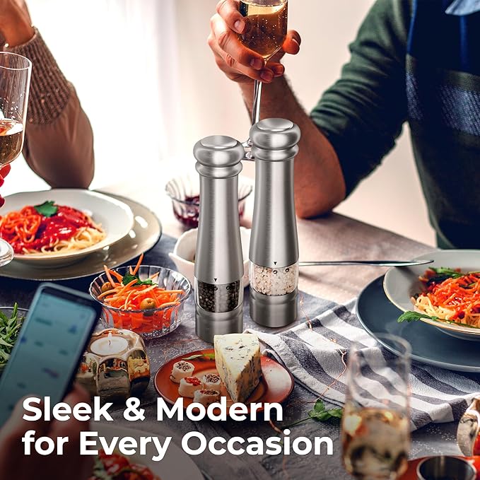 Premium Electric Salt and Pepper Grinder Set - Stainless Steel Battery Salt and Pepper Grinder Set with Adjustable Coarseness & Warm White Light - Automatic Spice Mill Shakers
