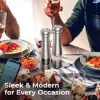 Premium Electric Salt and Pepper Grinder Set - Stainless Steel Battery Salt and Pepper Grinder Set with Adjustable Coarseness & Warm White Light - Automatic Spice Mill Shakers