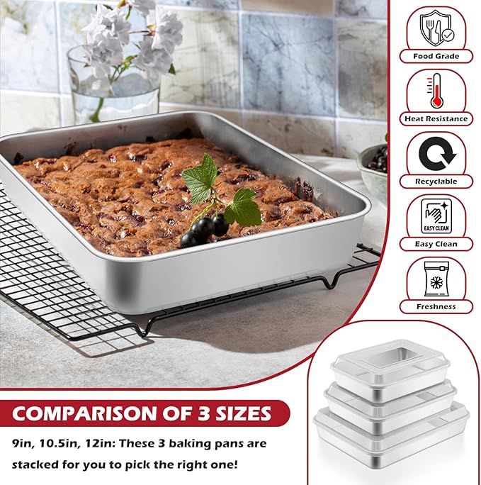 Leonyo Bakeware Cake Pan with Lid, 9.3 x 7 Inch Rectangle Lasagna Pan with Lid, Stainless Steel Baking Trays for Commercial Kitchen, Focaccia Bread, Casserole Dish - 2 Inch Deep, Refrige & Oven Safe