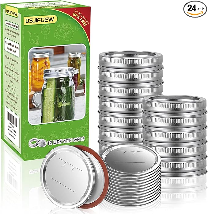 Canning Lids and Rings Regular Mouth, 24Pcs Split Type Metal Mason Jar Lids with Bands for Regular Mouth Ball, Kerr Jars - Food Grade with Silicone Airtight Seal Premium Small Canning Lids