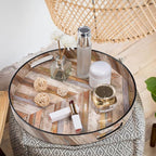 MAONAME 13" Round Decorative Tray, Plastic Tray with Handles, Coffee Table Trays, Serving Trays for Ottoman, Bathroom, Kitchen (Multicolored Wooden Sticker)