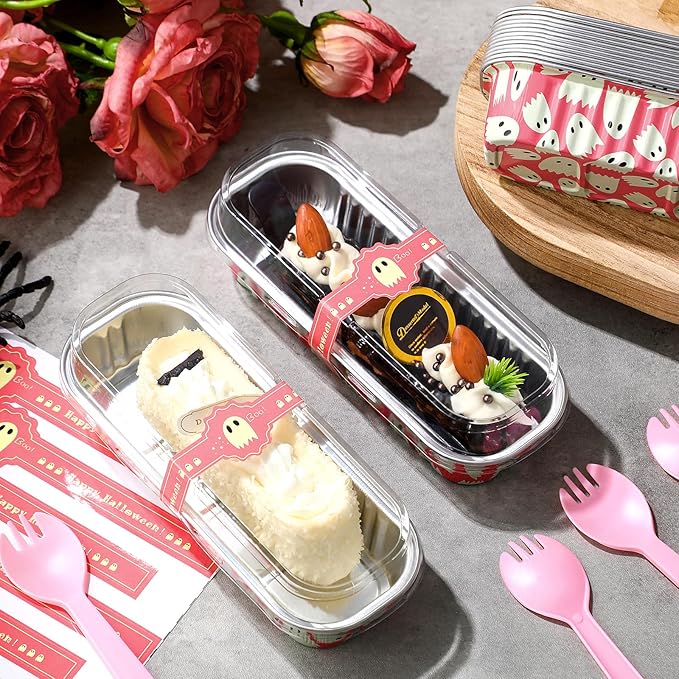 Tioncy 50 Pcs Halloween Mini Pink Loaf Pans with Lids Spoons Sticker Cute Ghost 6.8oz Disposable Rectangle Aluminum Foil Baking Pans Muffin Cupcake Cups for Picnics Birthday Halloween Party Supply
