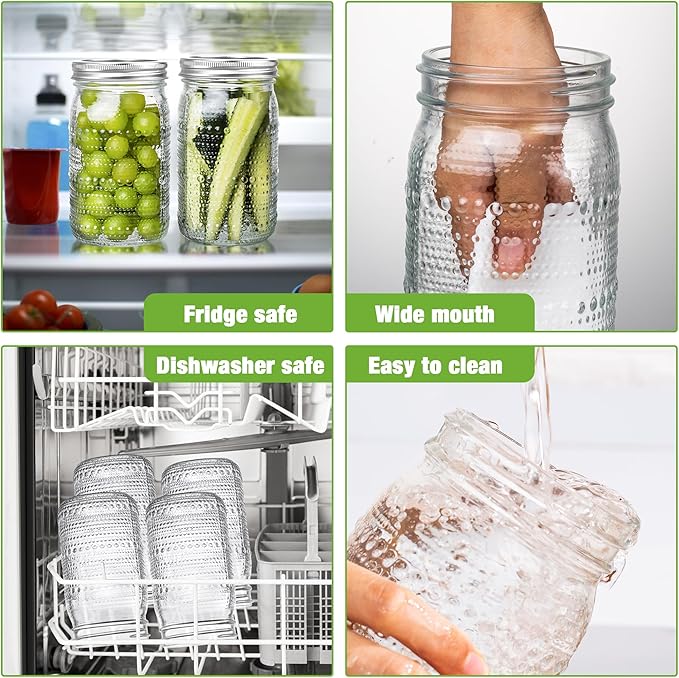 Mason Jars 32 Oz with Lids Wide Mouth 4 Pack, Glass Jars Canning Jars Large for Centerpieces Pickling Storage Food Meal Prep Salad Jam