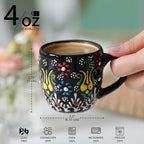 Espresso Cups Set of 2 | 4 oz Small Espresso Cups | Turkish Tea Cups | Demitasse Mugs with Handle | Modern Stackable Ceramic Espresso Mugs Set (RED/BLACK)