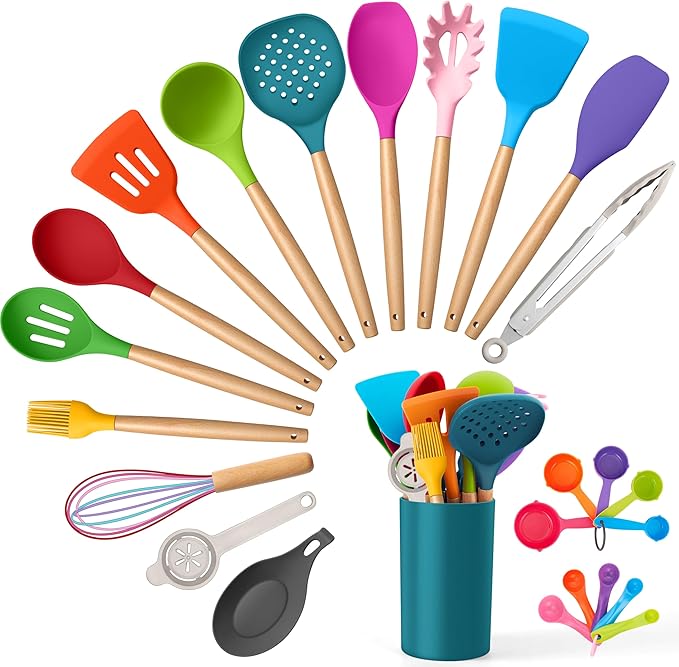 E-far Colorful Silicone Kitchen Utensils Set with Holder, 25-Piece Cooking Utensil Set with Wooden Handle for Nonstick Cookware, 446°F Heat Resistant Kitchen Tool Spatulas, Non-toxic & Healthy