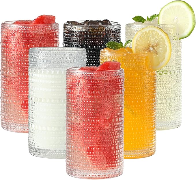 Vintage Hobnail Drinking Glasses Set of 6, 16 oz Large Capacity Embossed Clear Tumblers, Highball Glasses for Water, Cocktail, Beer, Whiskey, Kitchen & Bar Use