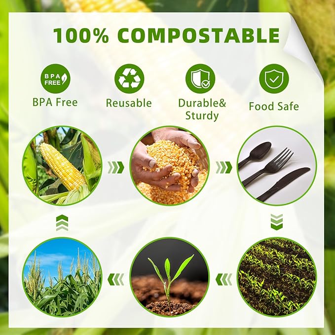 150 Count Black Compostable Silverware, Compostable Utensils, Disposable Silverware Plastic 50 Forks 50 Spoons 50 Knives, Non Plastic Utensils, Eco Friendly Utensils for Party Office Wedding