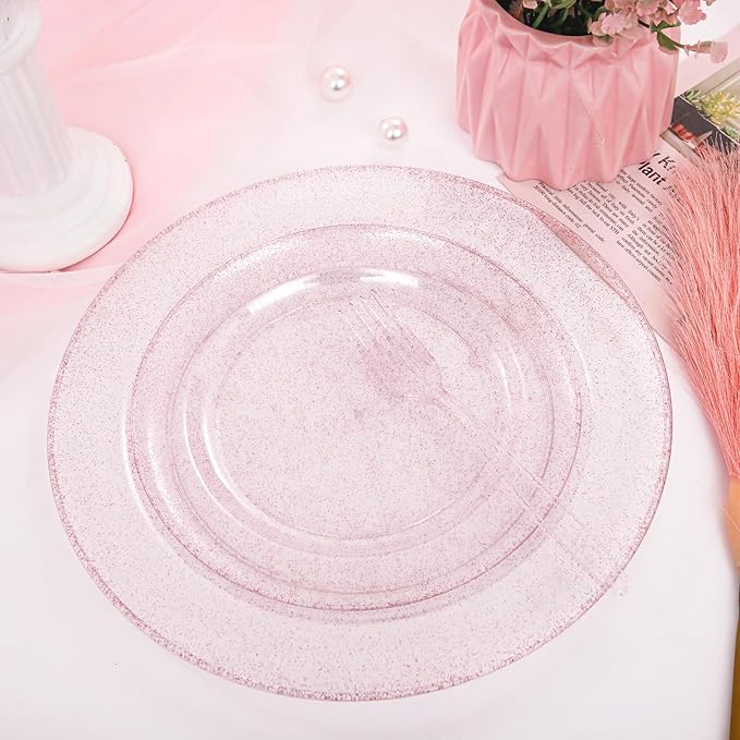 WDF 120pcs Pink Plastic Plates Disposable - Clear Pink Glitter Plates for Valentine's Day/Wedding including 60PCS Dinner Plates 10.25inch and 60PCS Salad Plates 7.5inch for Wedding/Party