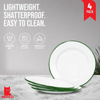 Red Co. Set of 4 Enamelware Metal Classic 10" Round Dinner Plate, Solid White/Dark Green Rim