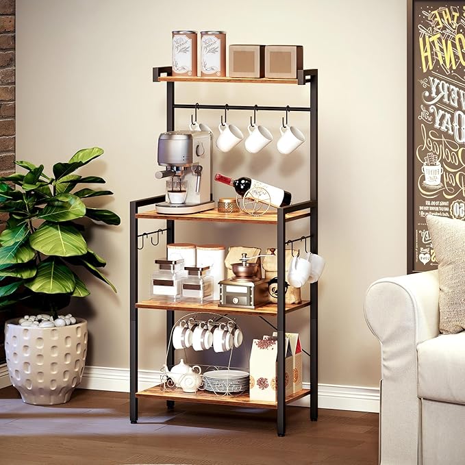 HOOBRO Kitchen Bakers Rack with Storage, 4 Tiers Coffee Bar Station, Microwave Stand with 8 S-Shaped Hooks, Kitchen Storage Shelf Rack for Small Spaces, Rustic Brown and Black BF04HB01
