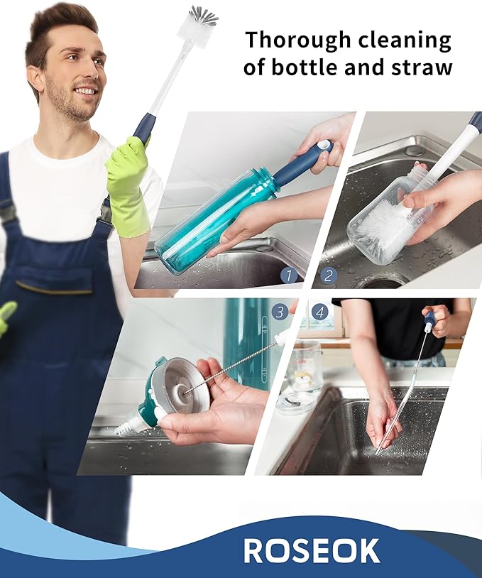 2 in 1 Long Handle Bottle Brush with Straw Brush for Cleaning Glass, Sports Bottle, Coffee Mug,Navy Blue,1 Pack