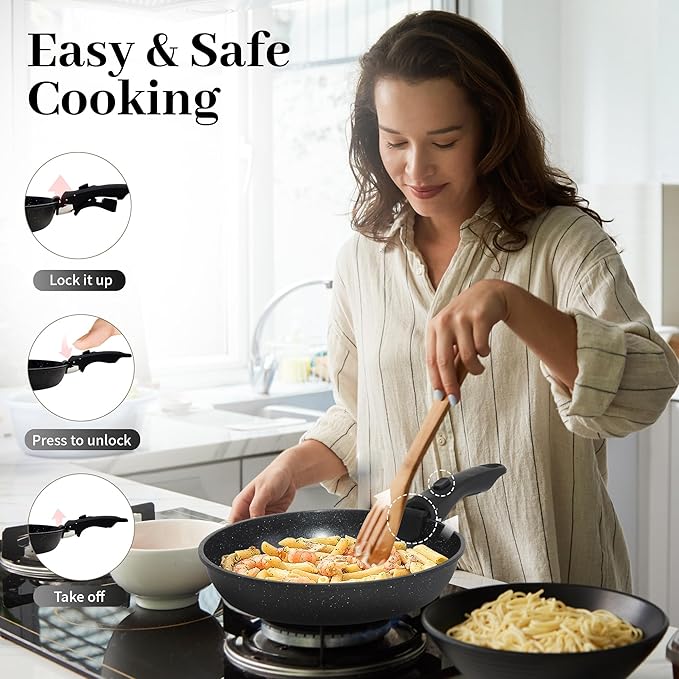 15PCS Pots and Pans Set Non Stick, Kitchen Cookware Sets with Detachable Handle, Ceramic Cookware Sets, Non Stick RV Cookware Cooking Set, Dishwasher ＆ Oven Safe, PFOA Free, Black