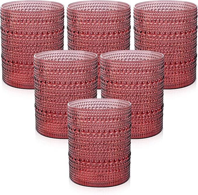 18PCS Plastic Hobnail Drinking Glasses - 14 Oz Burgundy Vintage Glasses Drinkware - Disposable Beaded Cups for Beer, Whiskey, Juice, Cocktail, Wine, Party
