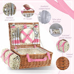 Picnic Basket Set for 4 with Waterproof Blanket Mat Insulation Bag Wicker Pink Floral Classic Fresh Gift for Wedding Birthday Summer Camp Outdoor Camping Beach Travel Christmas Thanksgiving