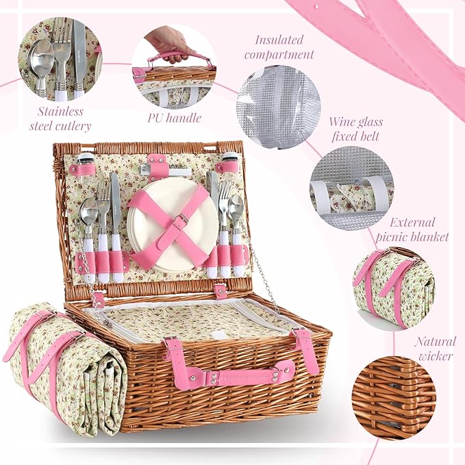 Picnic Basket Set for 4 with Waterproof Blanket Mat Insulation Bag Wicker Pink Floral Classic Fresh Gift for Wedding Birthday Summer Camp Outdoor Camping Beach Travel Christmas Thanksgiving