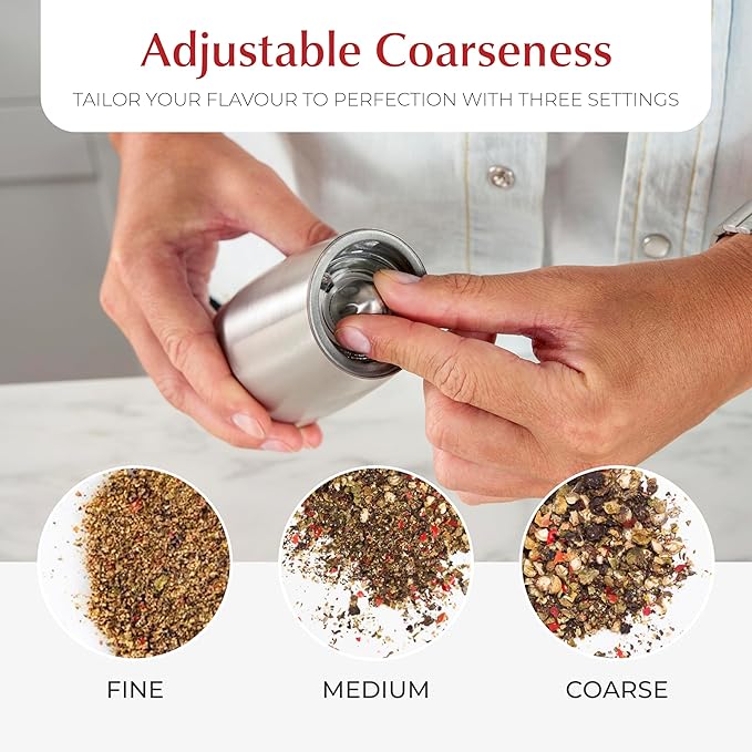 Urban Noon Gravity Salt and Pepper Grinder Set - Battery Operated Stainless Steel Mills with Light (2 Grinders) - Automatic One Handed Operation - Electric Adjustable Shakers - Ceramic Grinders