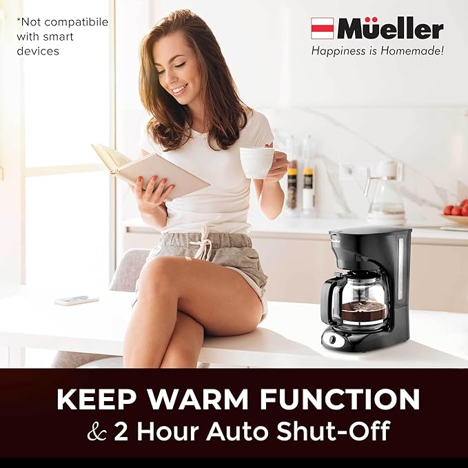 Mueller 12-Cup Drip Coffee Maker - Borosilicate Carafe, Auto-Off, Reusable Filter, Anti-Drip, Keep-Warm Function, Clear Water Level Window Coffee Machine, Kitchen Essentials & Accessories
