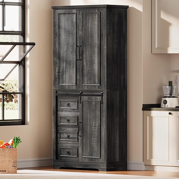YITAHOME Pantry Cabinet, 71-Inch Tall Freestanding Storage Cabinet with 4 Drawers, Farmhouse Cupboard with Doors Storage, Adjustable Shelves, for Living Room, Dining Room, Black Oak