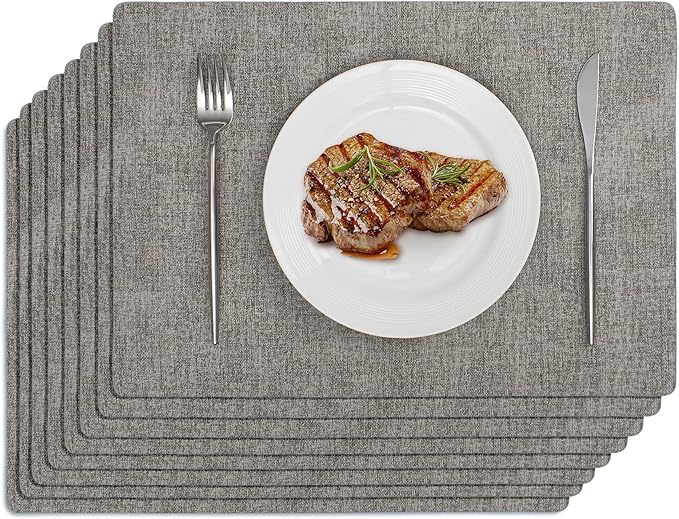 Softalker Vinyl Placemats Set of 8 - Faux Leather Heat Resistant Place Mats, 100% Waterproof Oilproof Wipe Clean Table Mats for Indoor & Outdoor Use, 17’’×12’’, Light Grey