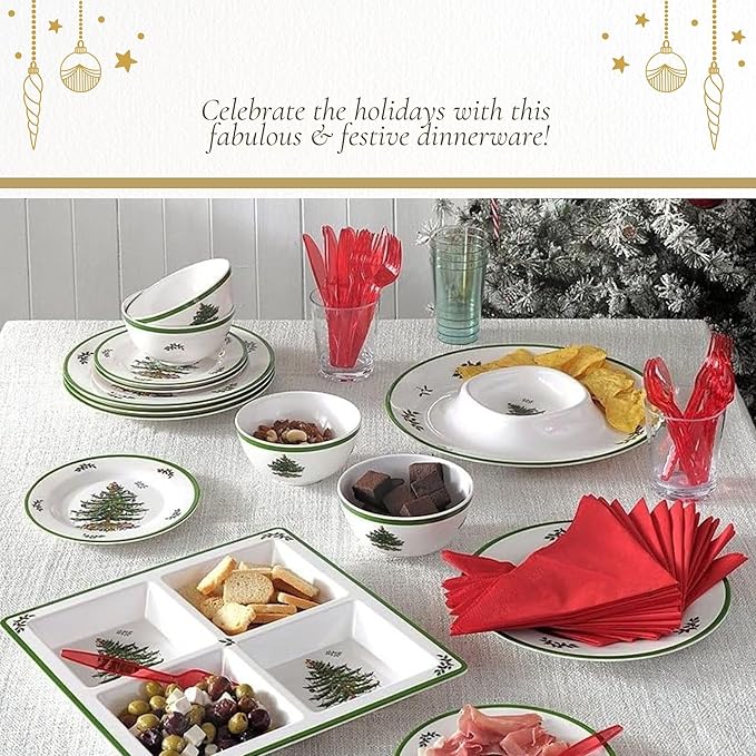 Spode Christmas Tree Melamine Chip and Dip - 14-Inch Serving Platter for Cheese, Appetizers, Chips, Salsa - Durable, Shatterproof, Dishwasher Safe - Ideal for Indoor & Outdoor Holiday Entertaining