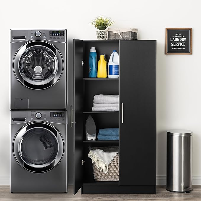 Prepac Elite Tall Garage Storage Cabinet & Pantry Storage Cupboard, 2-Door Freestanding Bathroom or Pantry Cabinet with Adjustable Shelves, 16" D x 32" W x 65" H, Black