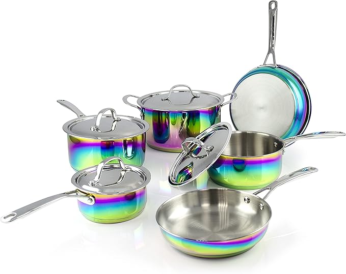 The Magical Kitchen Collection - Iridescent Rainbow Cookware Set - Premium Heavy Duty Stainless Steel and Titanium Pots & Pans Set - Rust Proof, Induction Stove & Oven-Safe (10 Piece)