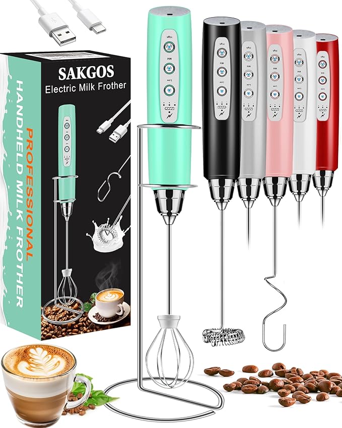Milk Frother with Stand Rechargeable- Handheld Coffee Frother with 3 Stainless Whisks 3 Speed Adjustable, Electric Whisk Drink Mixer, Foam Maker Blender for Matcha Latte Cappuccino Chocolate