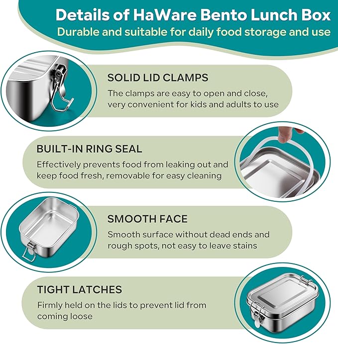 HaWare Stainless Steel Bento Box, 19oz (550ML) Leak-Proof Lunch Box for Kids Adults, Metal Food Containers for Snack Meal Sandwich, Reusable Lunch Containers with Locking Clips, Dishwasher Safe