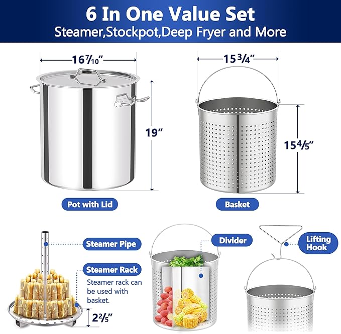ARC 84QT Stainless Steel Pot with 200,000BTU Propane Fryer, Seafood Boil Pot, Crab Boil Pot, Lobster Pot, Shrimp Boil Pot, Tamale Steamer Pot with Basket and Turkey Fryer Burner