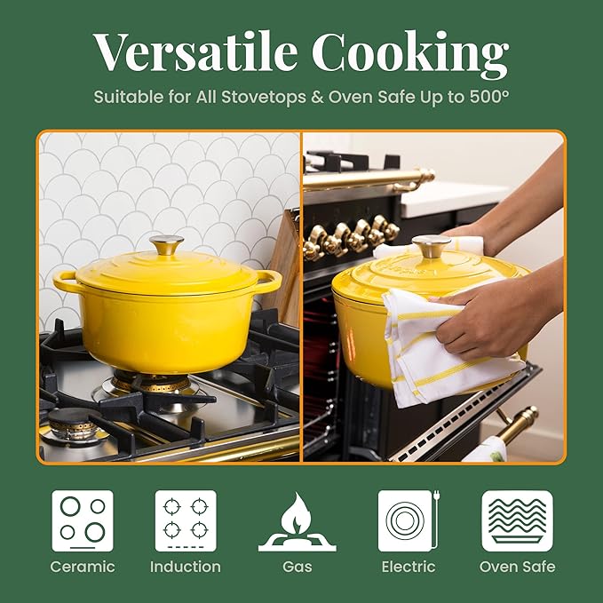 Larder & Vine Enameled Cast Iron 5.7qt Dutch Oven Pot with Lid | Bread Baking | Compatible on All Cooktops & Oven Safe to 500° F | Great for Sourdough Bread | Limoncello