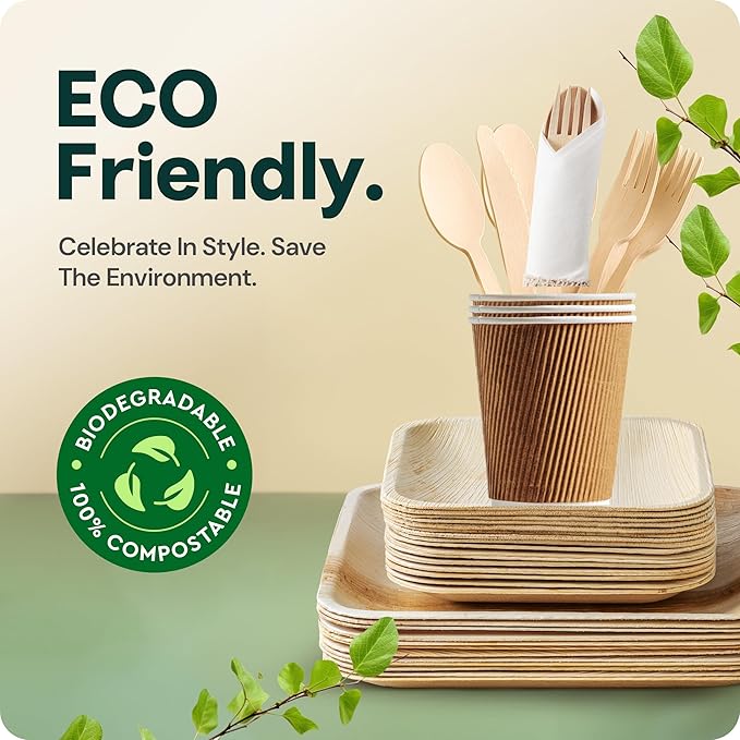 Palm Leaf Bamboo Plates & Pre-Rolled Bamboo Cutlery Party Set - 10 & 7'' Compostable Plates Elegant Pre-Rolled Utensils, Napkins , Cups for Weddings, Events, and Special Occasions For 30 Guests