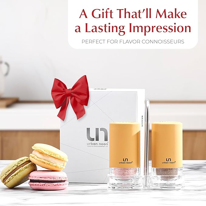 Yellow Salt and Pepper Shakers with Holder - Elegant Stainless Steel Salt Shaker and Pepper Shaker Set with Acrylic Holder for Kitchen Counter or Restaurant Table