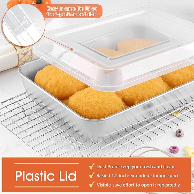 Herogo Baking Pan with Lid, 8 x 10 Inch Nonstick Rectangle Stainless Steel Cake Pan Sheet, Deep Cakes Bakeware with Lid for Brownies Casseroles, Non Toxic & Dishwasher Safe, Set of 2