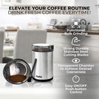 Kaffe Coffee Grinder Electric. Best Coffee Grinders for Home Use. (14 Cup) Easy On/Off w/Cleaning Brush Included. Stainless Steel