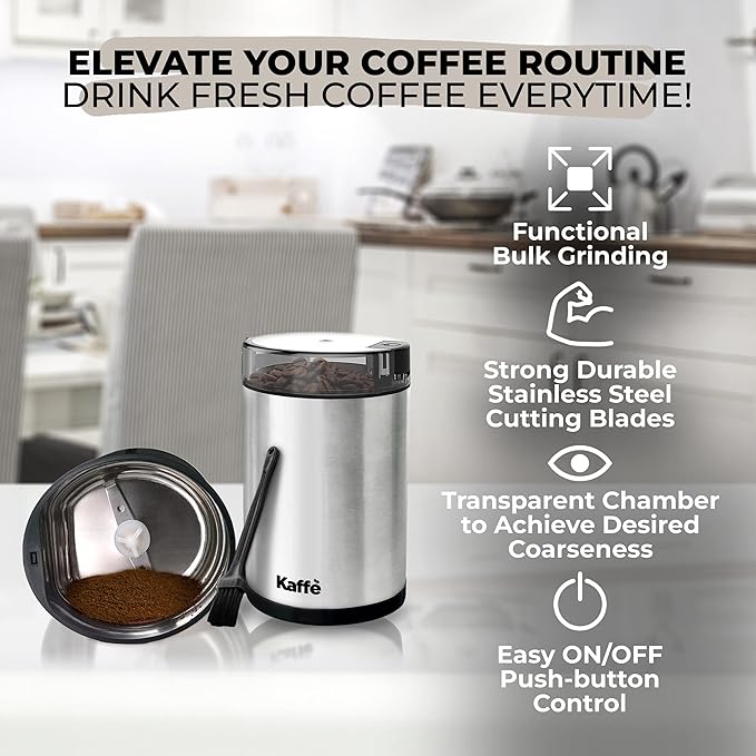 Kaffe Coffee Grinder Electric. Best Coffee Grinders for Home Use. (14 Cup) Easy On/Off w/Cleaning Brush Included. Stainless Steel