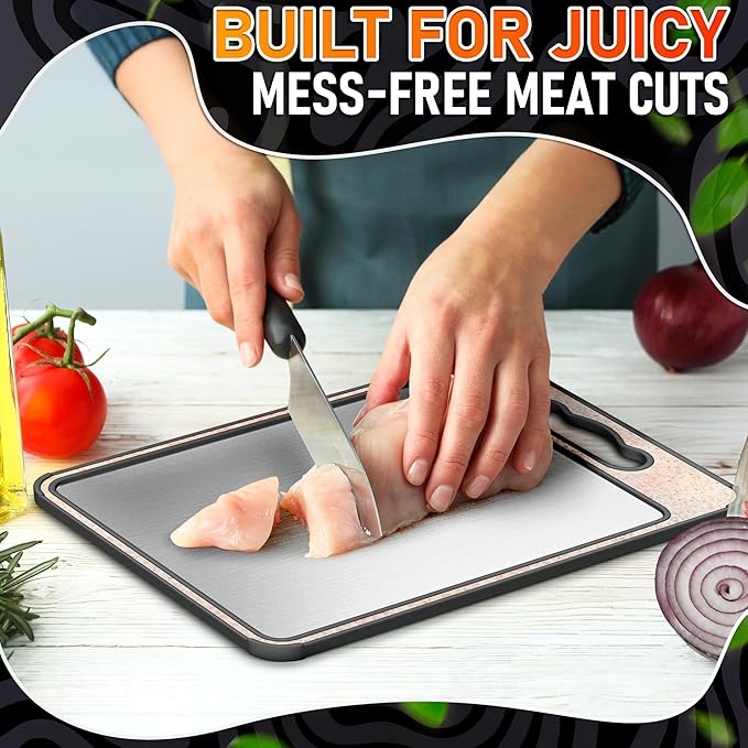 Titanium Cutting Board for Kitchen 14.3"x9.8" - Double Sided Metal Cutting Board Titanium GR1 for Meat & Wheat Straw PP for Fruits - Non-Slip, Built-in Knife Sharpener, Garlic Grater & Juice Grooves