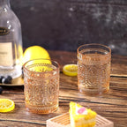 Amber Glassware set of 4, Vintage Drinking Glasses, 10oz Heavy Duty Glass Cups, Colored Glassware Set, Embossed Glasses Set for Party Wedding Home Office Gift