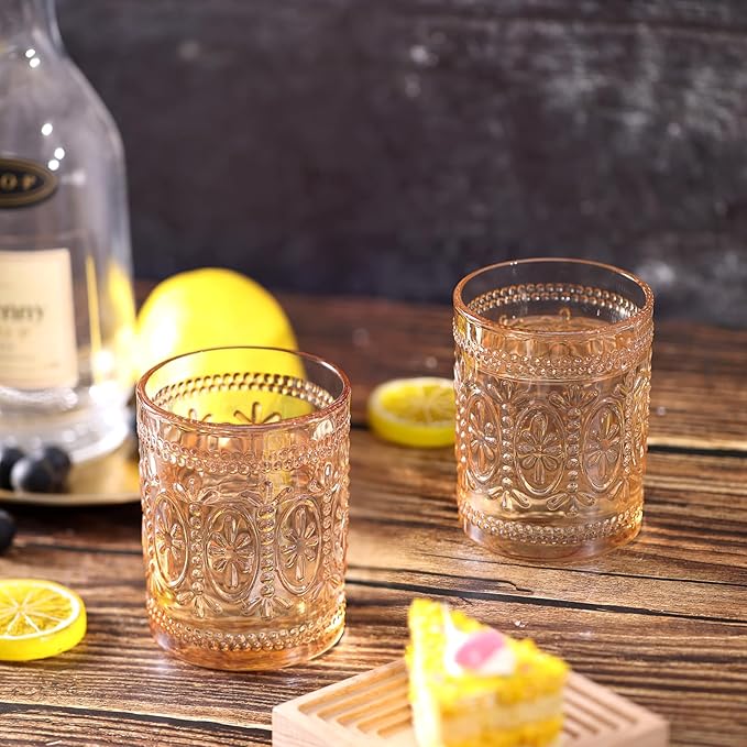 Amber Glassware set of 4, Vintage Drinking Glasses, 10oz Heavy Duty Glass Cups, Colored Glassware Set, Embossed Glasses Set for Party Wedding Home Office Gift