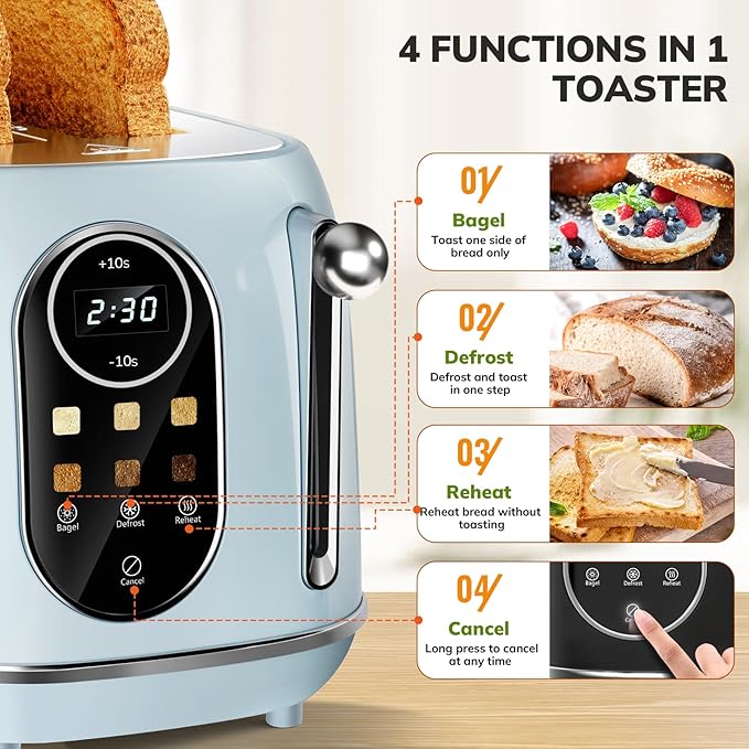 Keenstone Smart Touch Screen Toaster 2 Slice, Retro Wide Slot Stainless Steel Toaster with 6 Browning Levels, Reheat & Defrost, for Bagel, Toast, Bread, Removable Crumb Tray, Blue