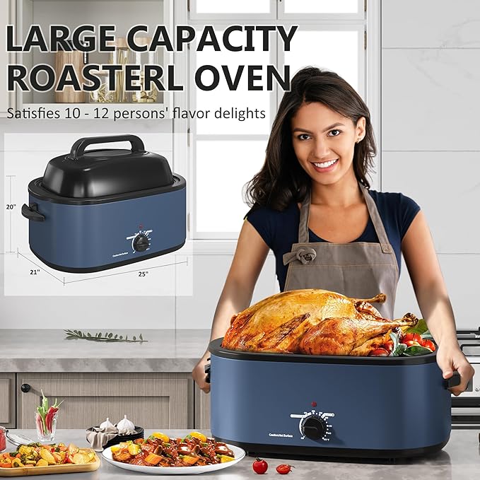 SUNVIVIPRO Roaster Oven 28 Quart, Electric Turkey Roaster with Self-Basting Lid, Removable Pan & Rack, Variable Temp Control, Stainless Steel, Blue