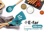 E-far Blue Cooking Utensils Set with Holder, 25-Piece Silicone Kitchen Utensil Set with Wooden Handle for Nonstick Cookware, 446°F Heat Resistant Kitchen Tool Spatula Tongs Whisk, Non-toxic & Healthy