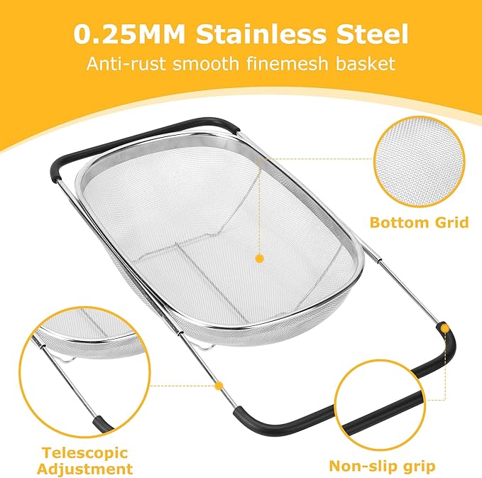 ZDRongZhen Kitchen Accessories Over the Sink Colander Strainer Basket，Stainless Steel Colander with Expandable Rubber Grip Sink Drainer-Rinse Vegetables Fruits &Strain&Drain (Large-Fine mesh)
