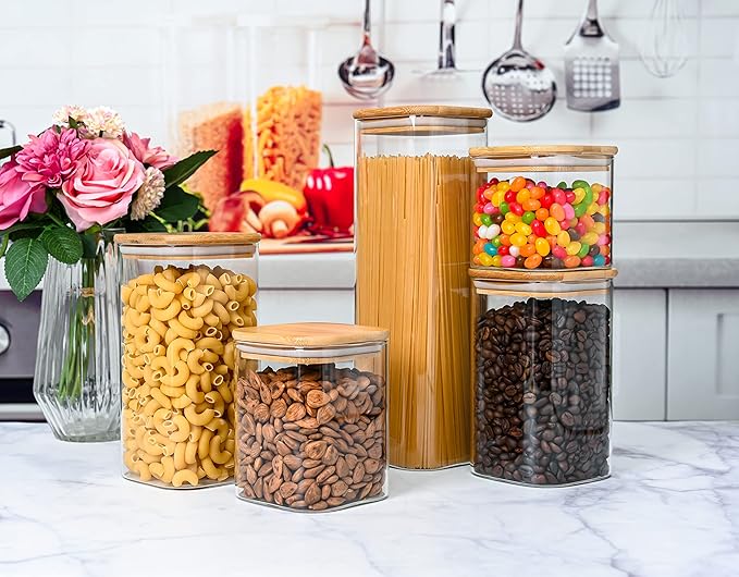 5 Square Canisters, Glass Kitchen Canister with Airtight Bamboo Lid, Glass Storage Jars for Kitchen, Bathroom and Pantry Organization Ideal for Flour, Sugar, Coffee, Candy, Snack & More